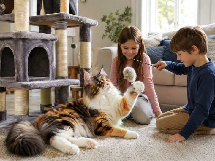 Maine Coon Calico Mix playing with children beside a large cat tree