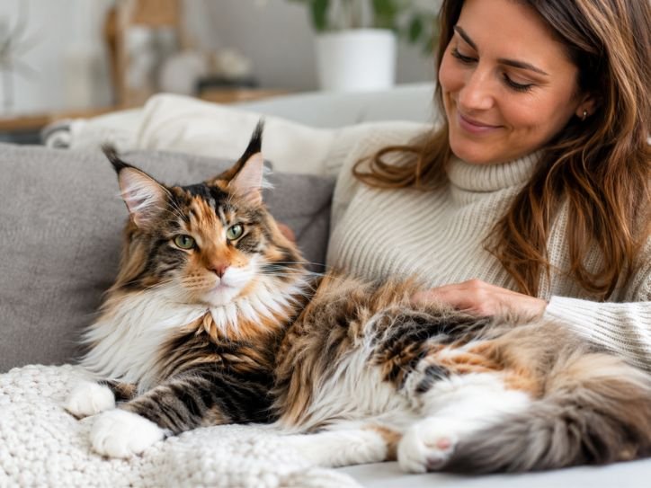 Maine Coon Calico Mix relaxing beside its owner