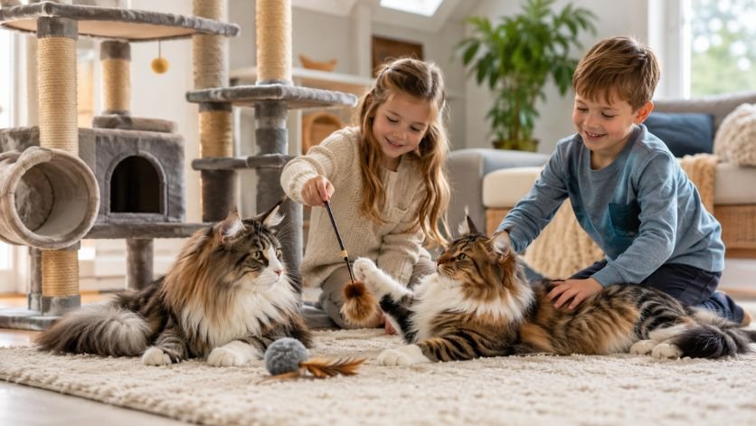 Maine Coon Norwegian Forest Cat Mix cats playing beside children near a large play centre for cats
