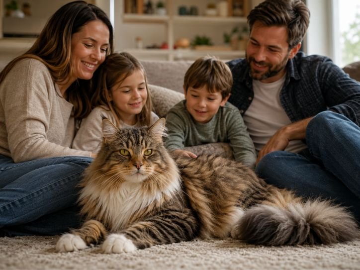 Maine Coon Siberian Mix relaxing beside family members