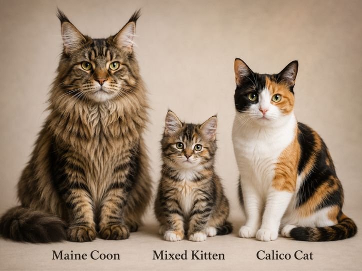 Maine Coon beside a calico-pattern cat with a mixed kitten
