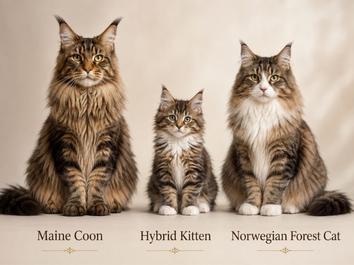 Maine Coon on the left, Norwegian Forest Cat on the Right and hybrid kitten in the middle
