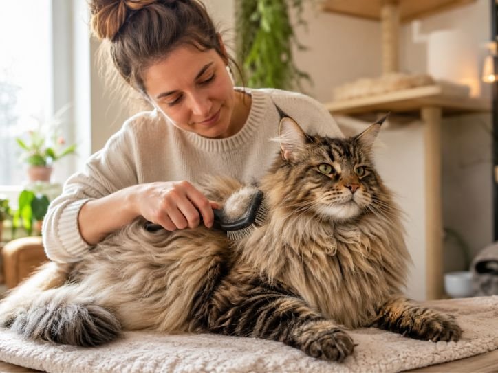 Owner brushing a fluffy Maine Coon Norwegian Forest Cat Mix