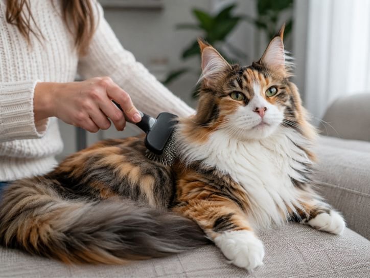 Owner gently brushing a fluffy Maine Coon Calico Mix
