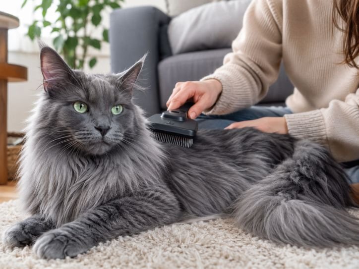 Owner gently brushing the silver-blue coat of a Russian Blue Maine Coon Mix