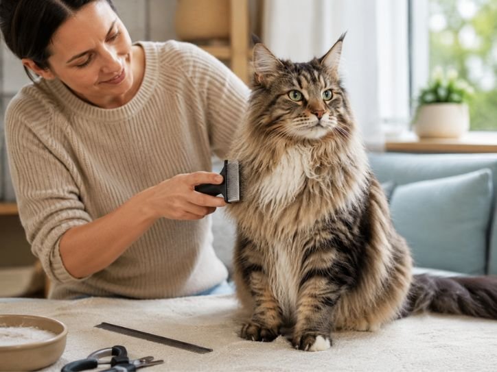 Owner grooming a fluffy Maine Coon Siberian Mix