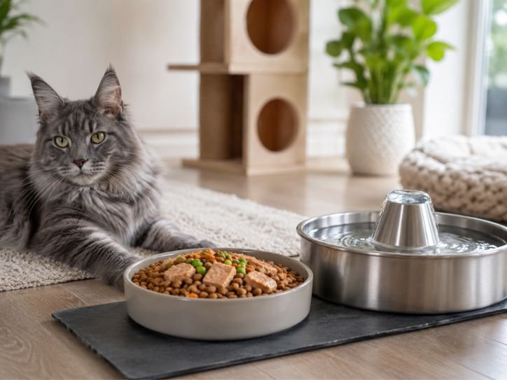 Premium cat food served beside a stainless-steel water fountain