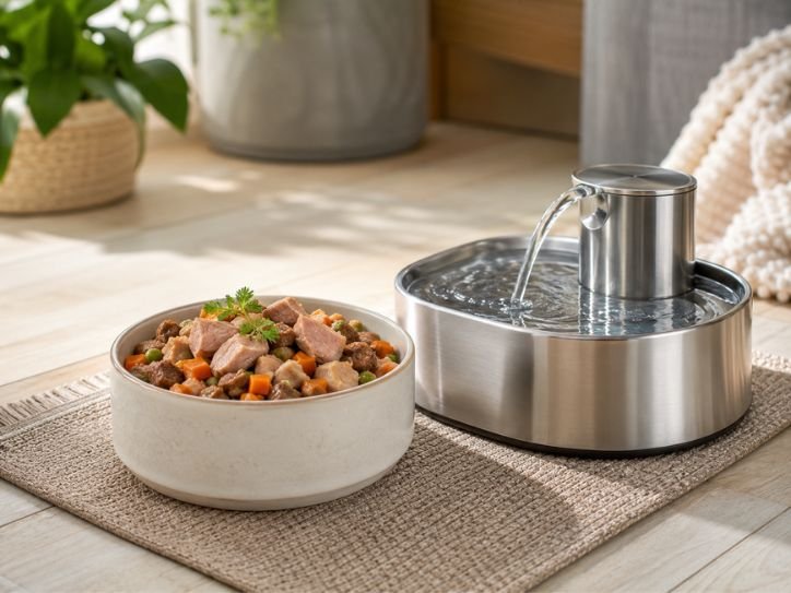 Premium cat food served beside a stainless-steel water fountain