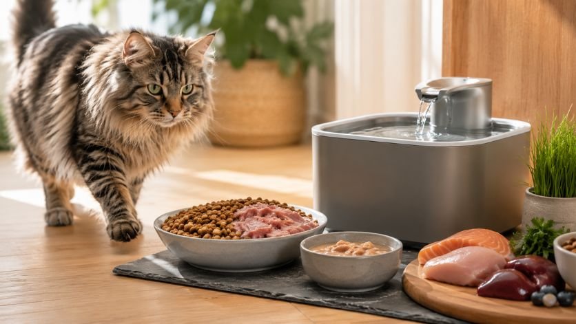 Premium cat food served beside a water fountain