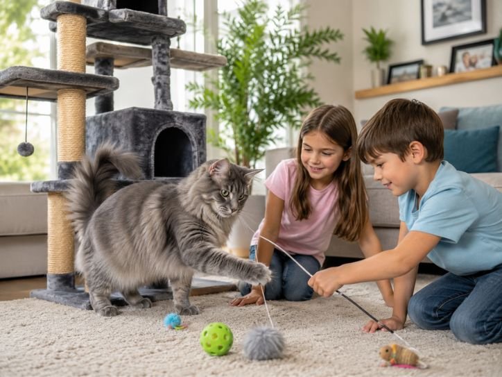 Russian Blue Maine Coon Mix playing beside children near a large climbing tower
