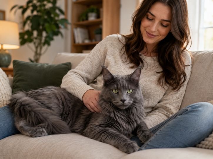 Russian Blue Maine Coon Mix relaxing beside its owner on a comfortable sofa