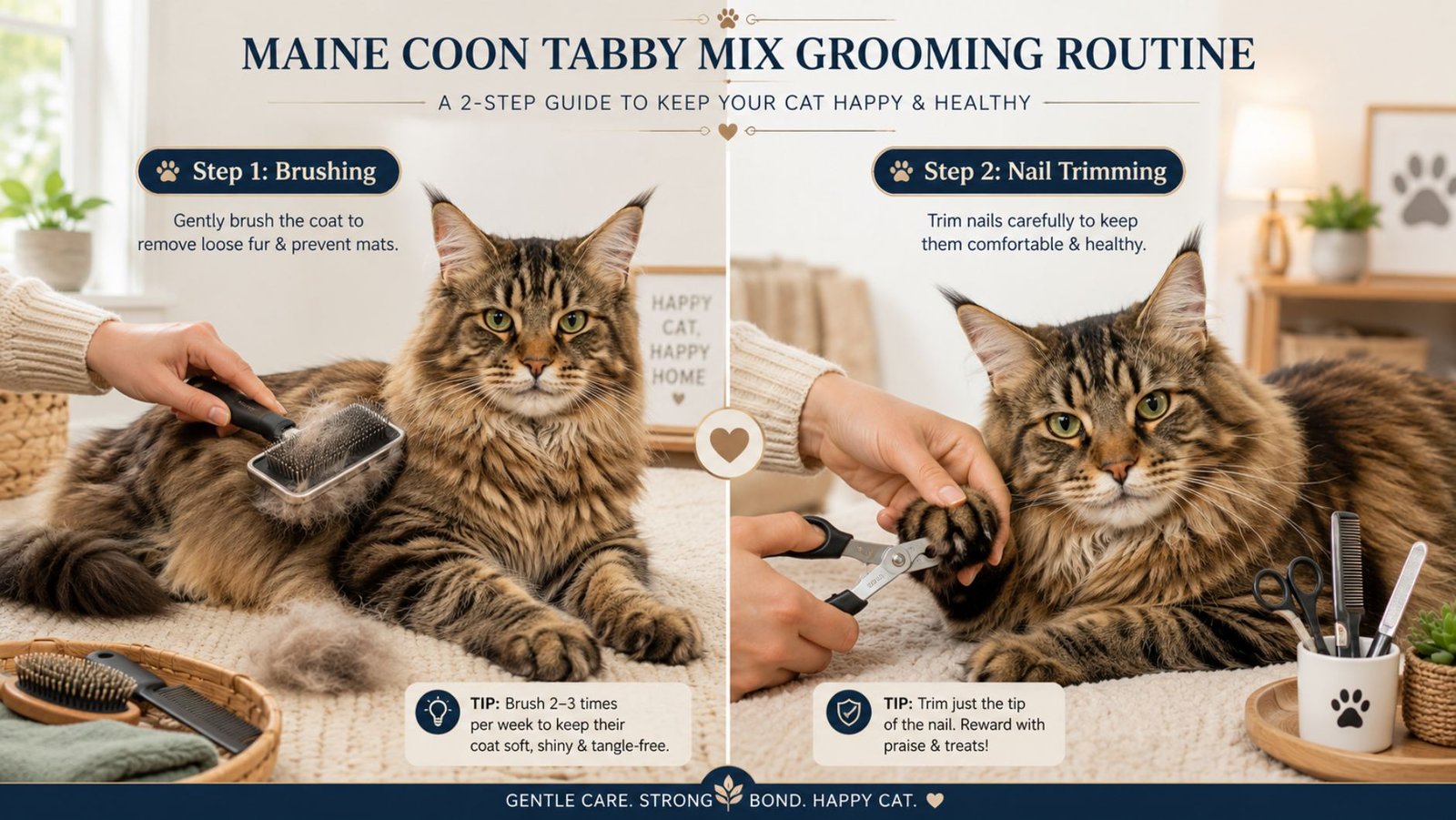 Step-by-step grooming routine showing brushing and nail trimming