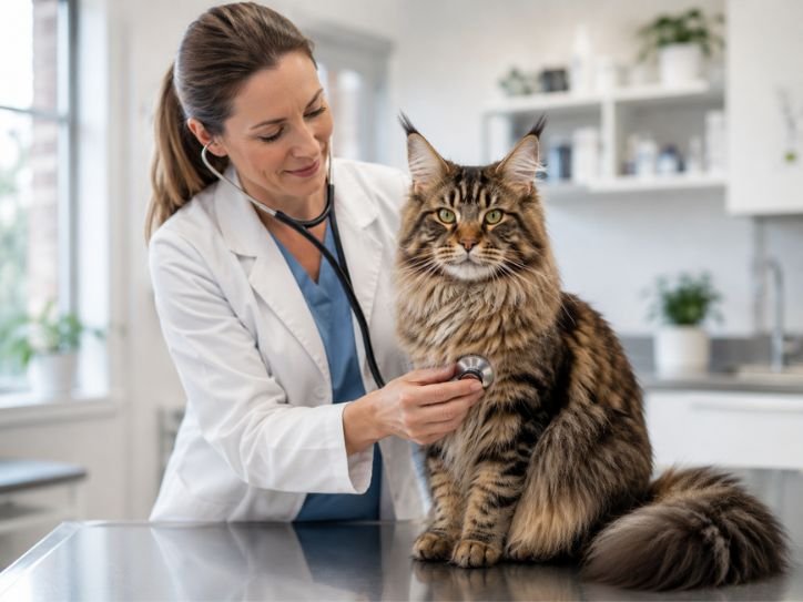 Veterinarian examining a healthy Maine Coon Siberian Mix