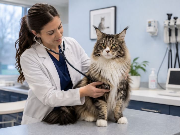 Veterinarian performing a health check on a fluffy hybrid cat