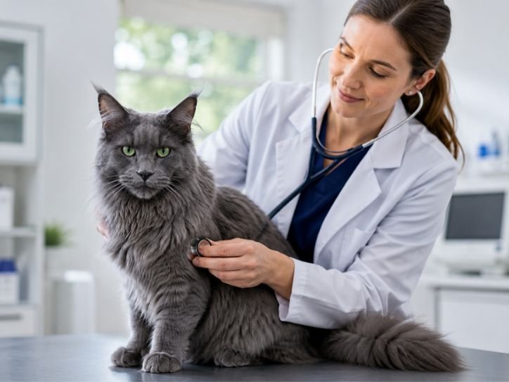 Veterinarian performing a routine wellness examination on a healthy Russian Blue Maine Coon Mix