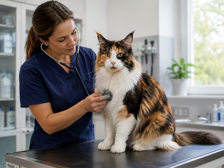Veterinarian performing a wellness examination on a Maine Coon Calico Mix